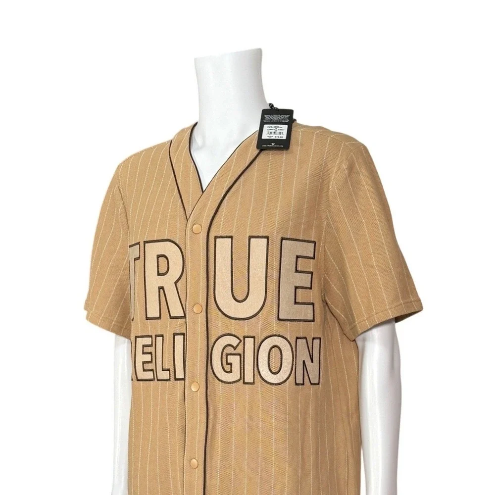True‎ Religion Mens Baseball Jersey Tan Stripe Short Sleeve Button Up Size M NWT